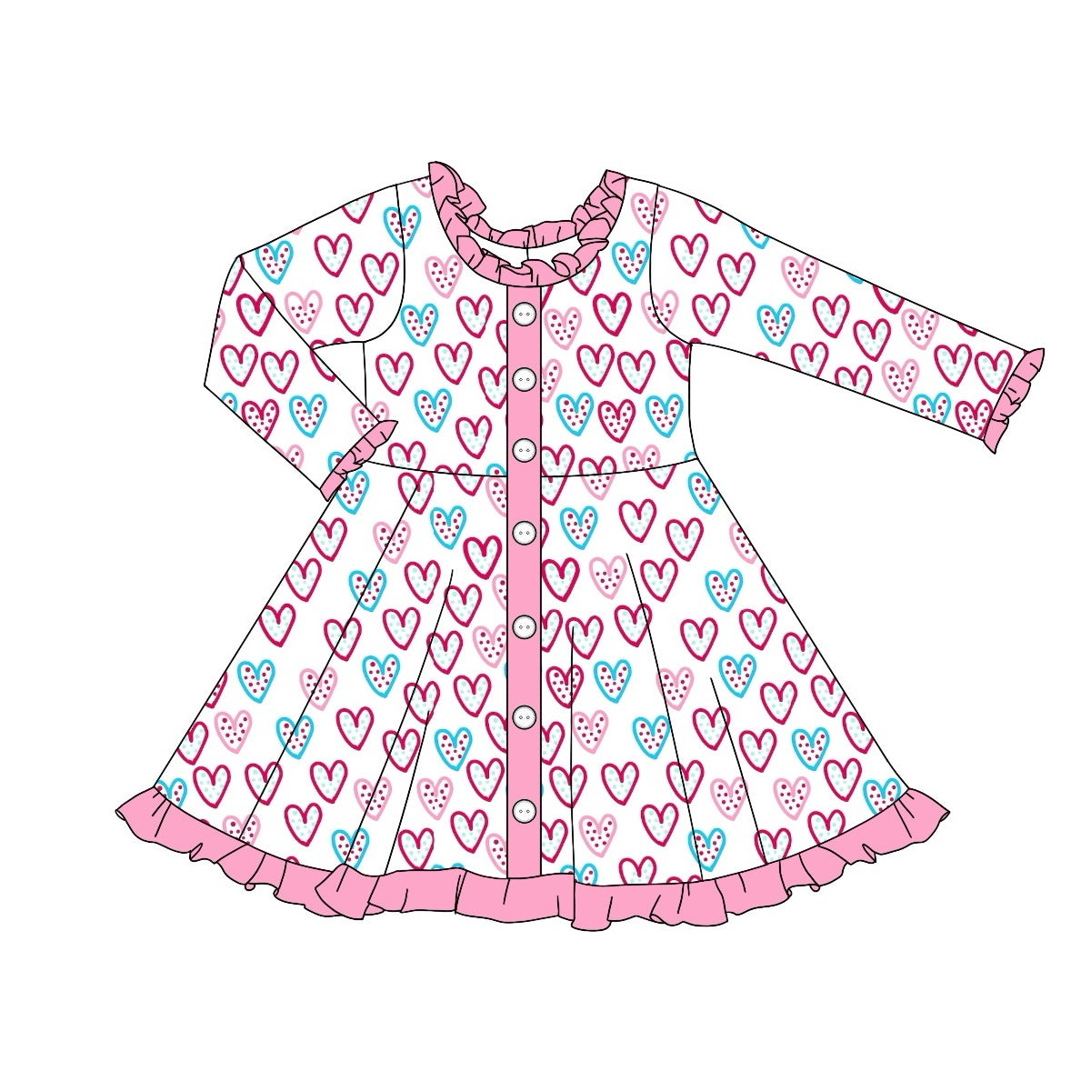 Preorder GLD0902 Valentine Day colorful heart hot pink long sleeve girls dress