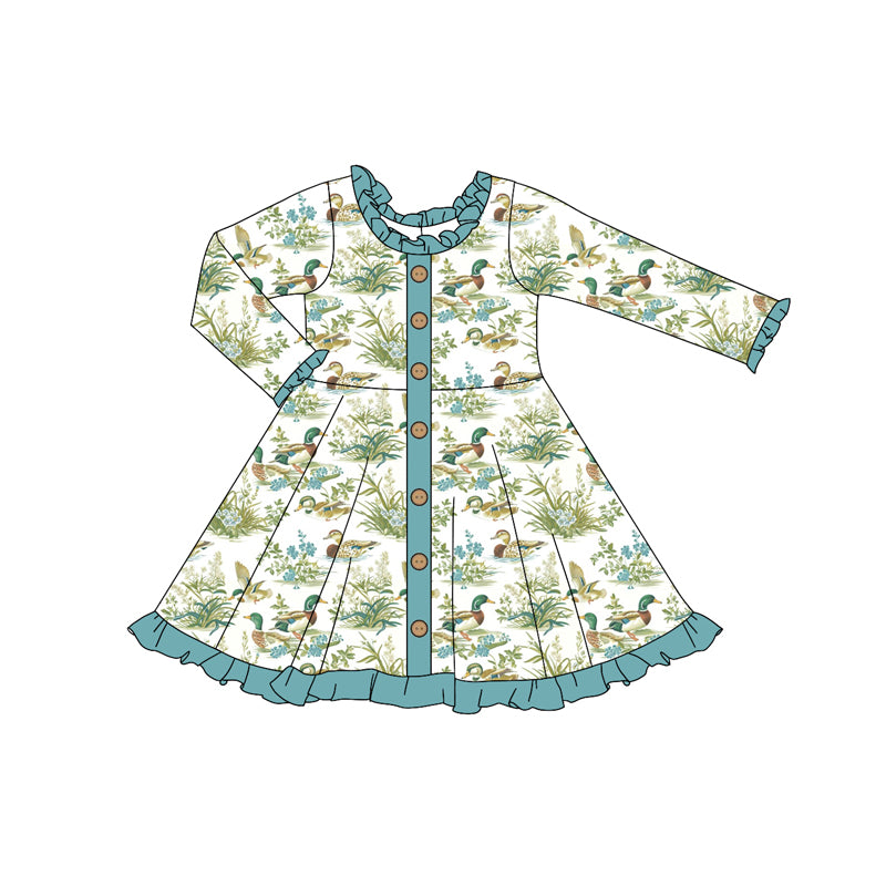Preorder GLD0906 cute mallard duck blue long sleeve girls dress