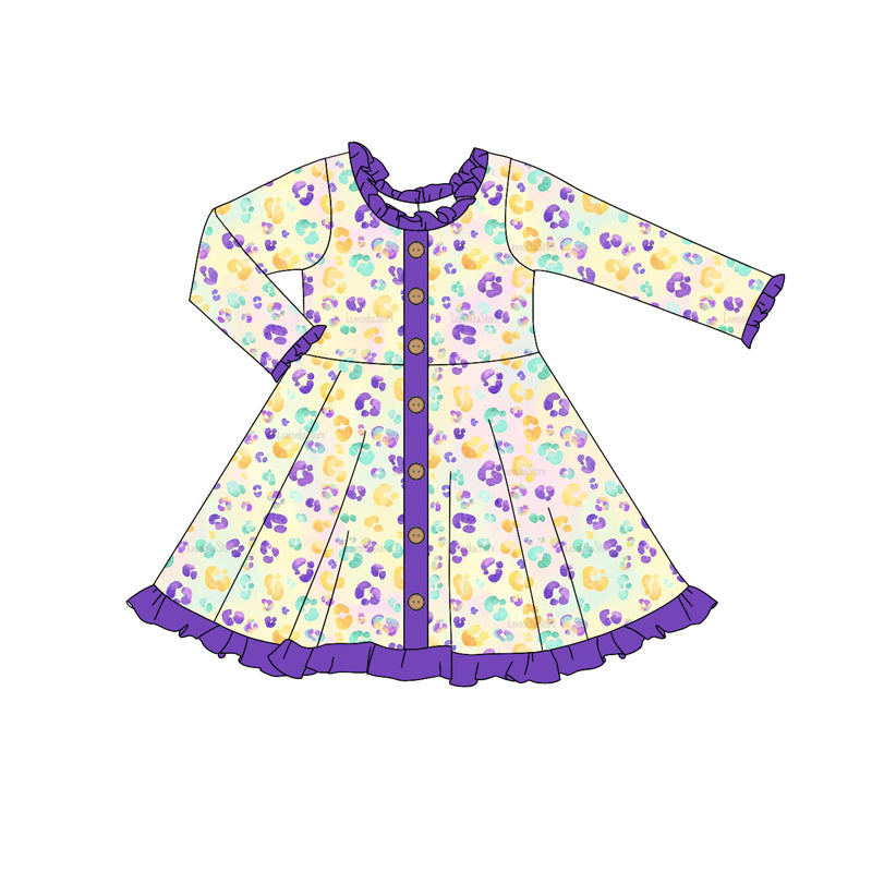 Preorder GLD0911 colorful leopard purple long sleeve girls dress girls gown