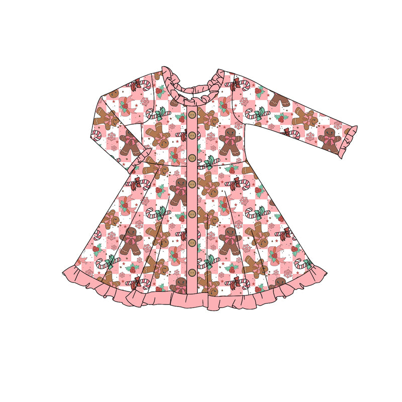 Preorder GLD0923 Christmas gingerbread man holly berry pink checkered long sleeve girls gown girls dress