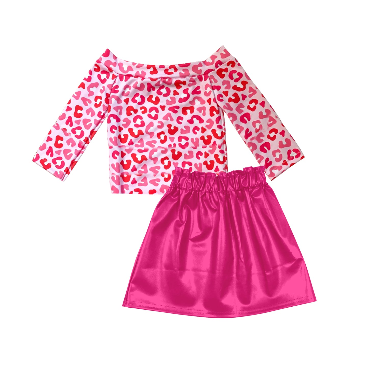 Preorder GLD0925 hot pink leopard long sleeve hot pink skirt girls set