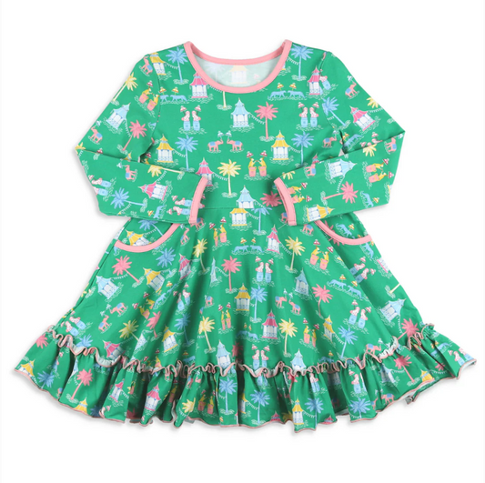 Preorder GLD0926 Christmas cartoon circus green pockets long sleeve girls dress