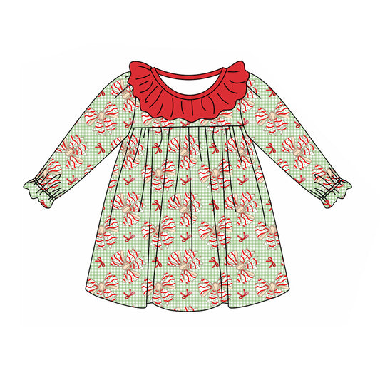 Preorder GLD0930 Christmas its the season bows green checkered long sleeve girls dress