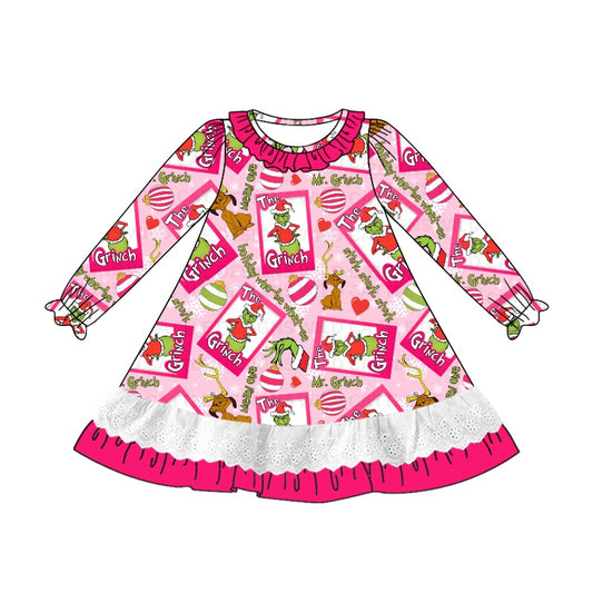 Preorder GLD0932 Christmas green face dog pink long sleeve girls dress