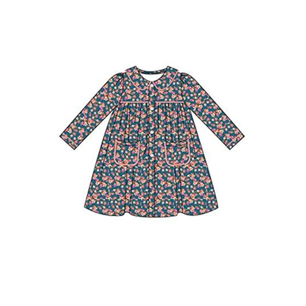 Preorder GLD0934 pink flowers pockets long sleeve girls floral dress