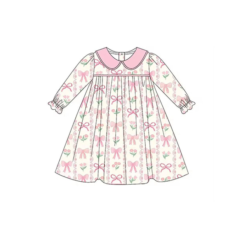 Preorder GLD0935 pink bows flowers long sleeve girls dress