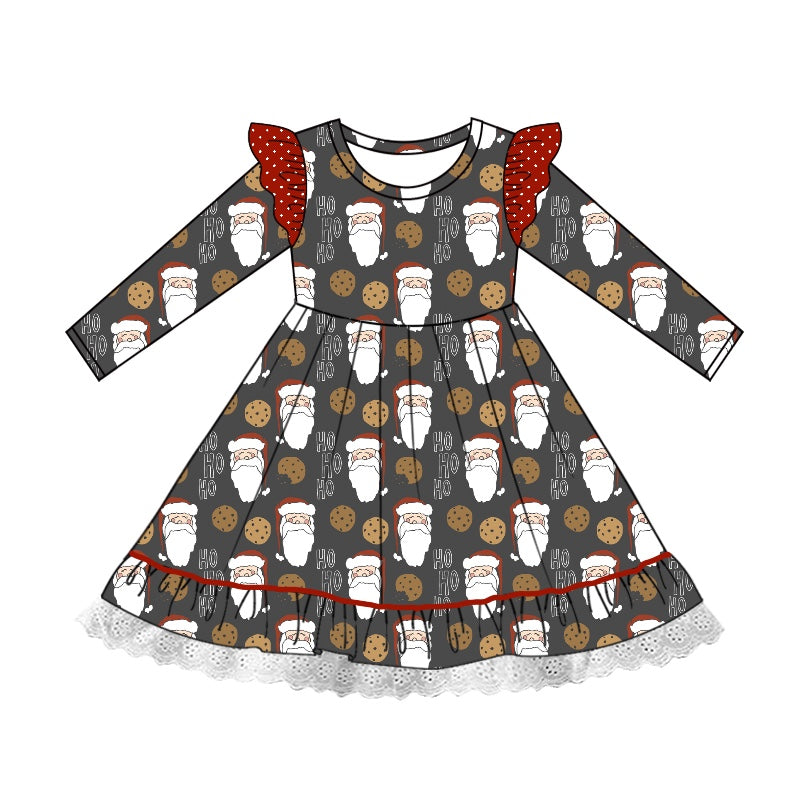 Preorder GLD0937 Christmas Santa cookie long sleeve girls dress