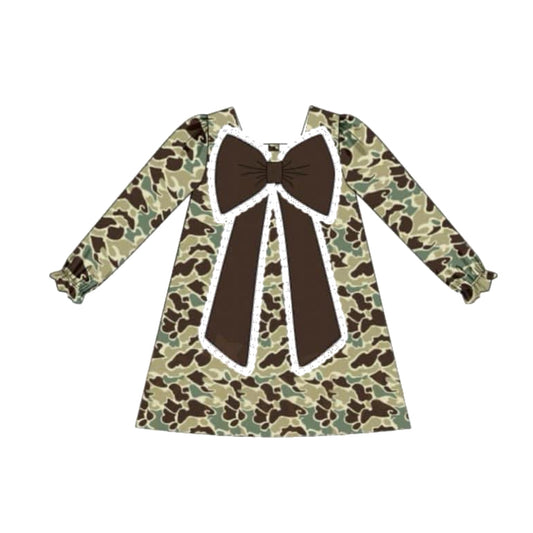 Preorder GLD0938 green camo brown bow long sleeve girls dress