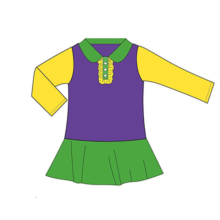 Preorder GLD0939 Mardi Gras purple green yellow long sleeve girls dress