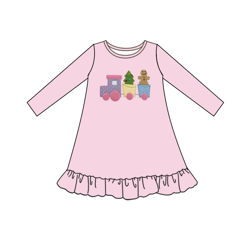 Preorder GLD0942 Christmas ginerbread man tree train pink long sleeve girls dress