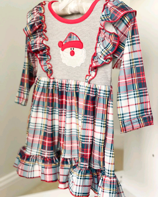 Preorder GLD0943 Christmas Santa red checkered long sleeve girls dress