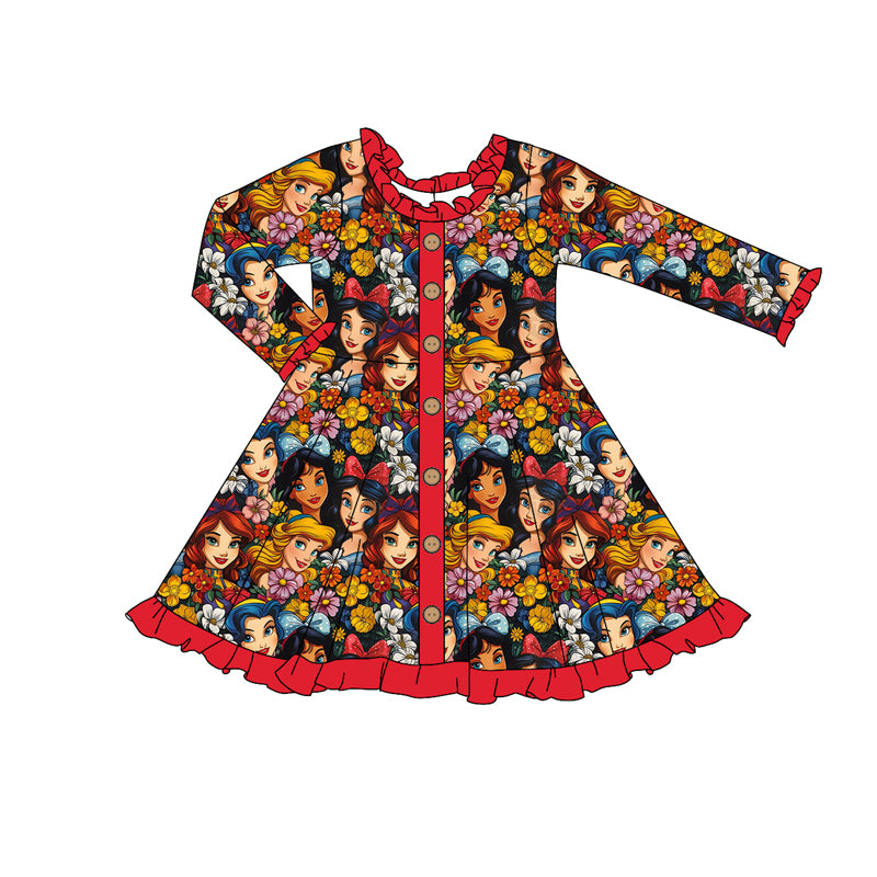 Preorder GLD0946 cartoon princess flowers red long sleeve girls dress