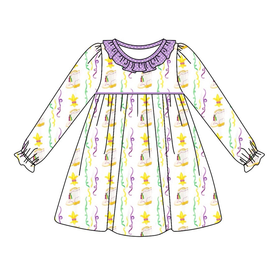 Preorder GLD0947 Mardi Gras purple yellow print long sleeve girls dress