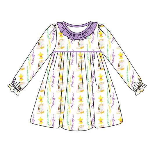 Preorder GLD0947 Mardi Gras purple yellow print long sleeve girls dress