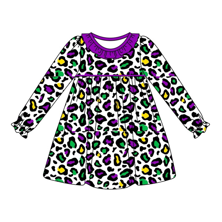 Preorder GLD0949 Mardi Gras purple green leopard long sleeve girls dress