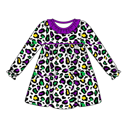 Preorder GLD0949 Mardi Gras purple green leopard long sleeve girls dress