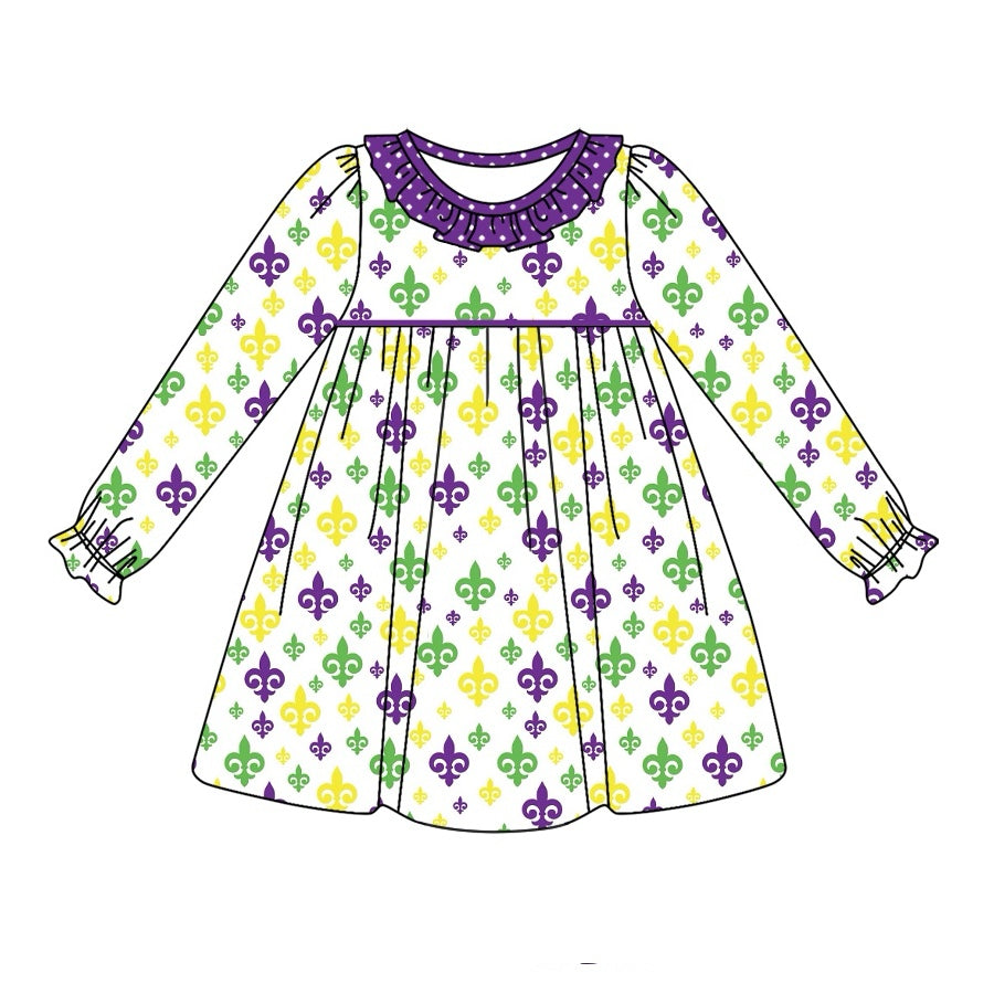 Preorder GLD0950 Mardi Gras purple green yellow printing long sleeve girls dress