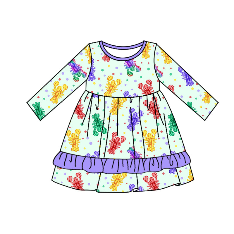 Preorder GLD0951 Mardi Gras colorful crayfish purple long sleeve girls dress