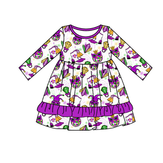 Preorder GLD0952 Mardi Gras cartoon boots light purple long sleeve girls dress