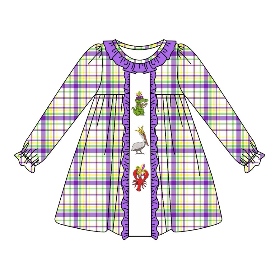 Preorder GLD0953 Mardi Gras cartoon crayfish cocrodile purple green checkered long sleeve girls dress