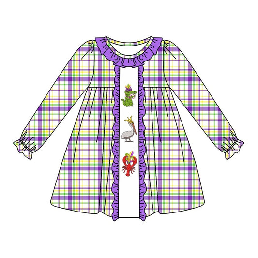 Preorder GLD0953 Mardi Gras cartoon crayfish cocrodile purple green checkered long sleeve girls dress