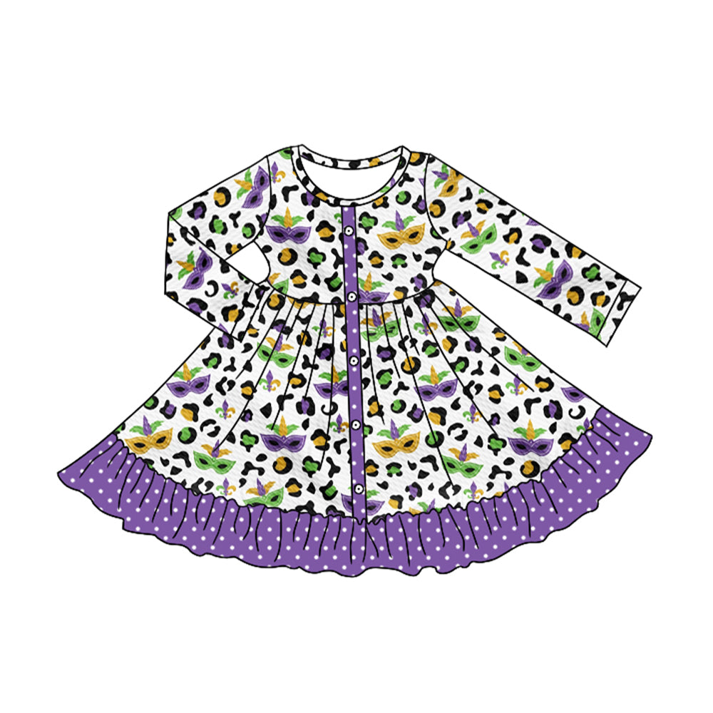 Preorder GLD0954 Mardi Gras leopard purple mask long sleeve girls dress