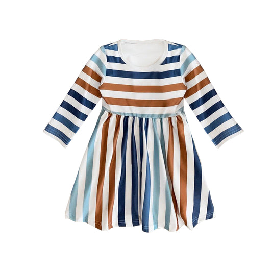 Preorder GLD0955 blue brown striped long sleeve girls dress