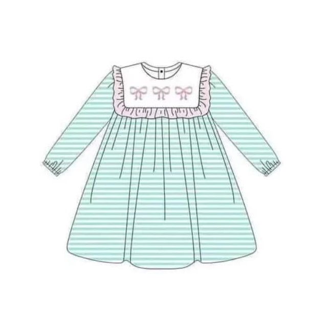 Preorder GLD0958 pink bows green striped long sleeve girls dress