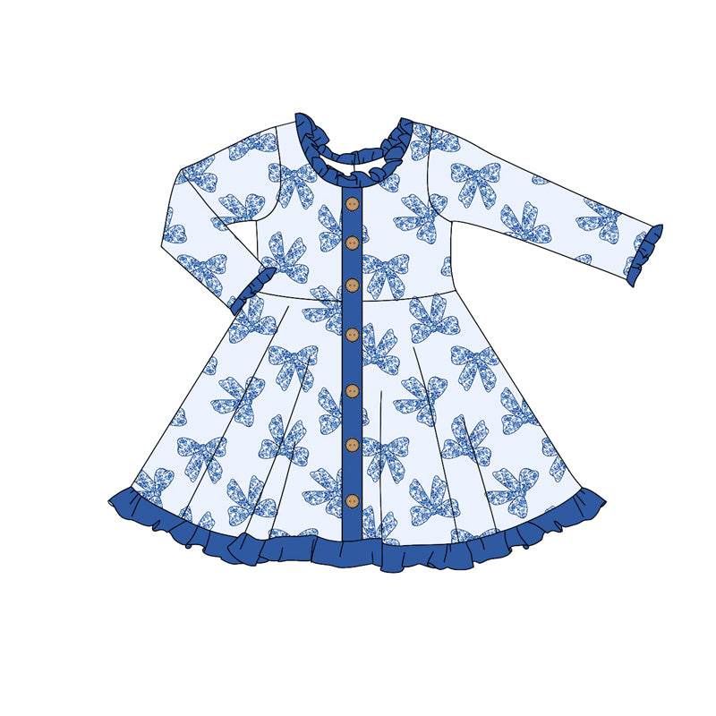 Preorder GLD0961 cute blue bows long sleeve girls dress