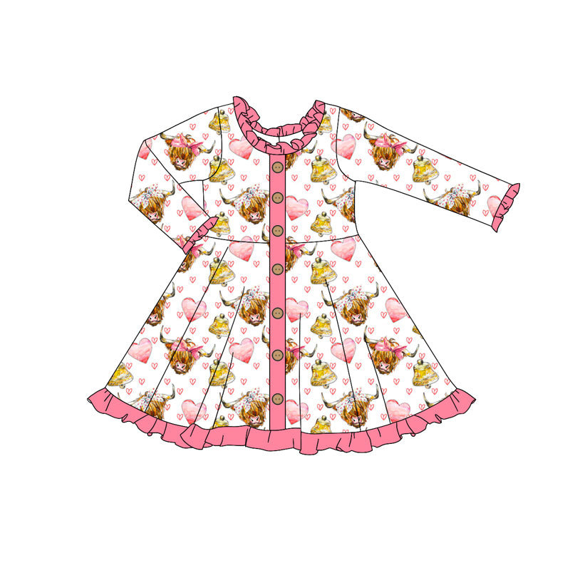 Preorder GLD0964 Valentine's Day pink heart highlandcow long sleeve girls dress