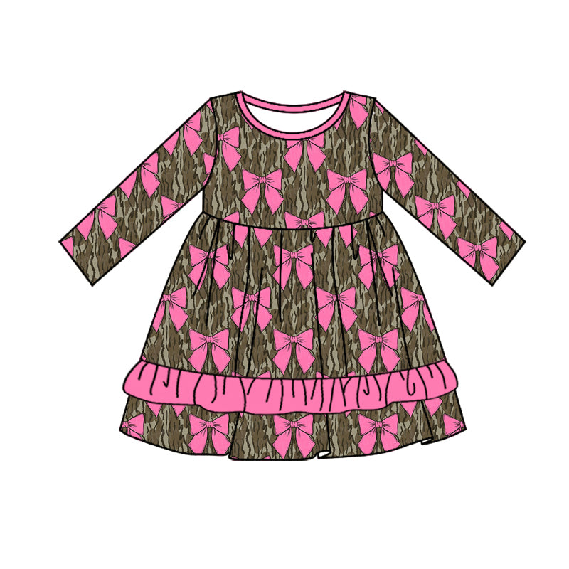 Preorder GLD0968 hunting camo hot pink coquette bows long sleeve girls dress