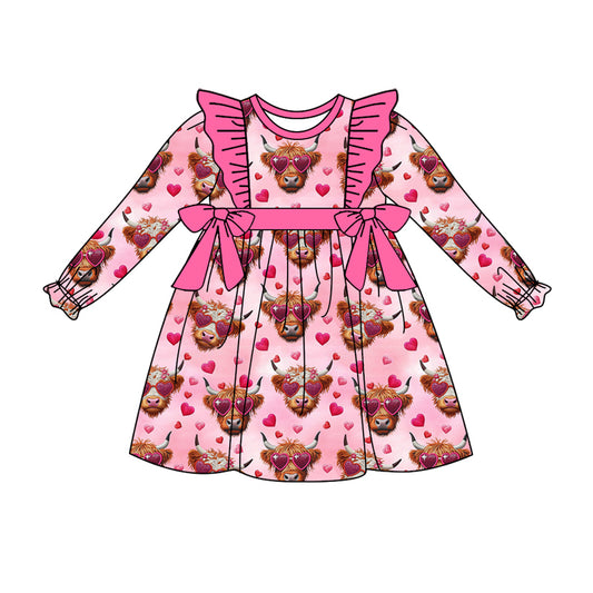 Preorder GLD0970 Valentine's Day heart highland cow pink long sleeve girls dress