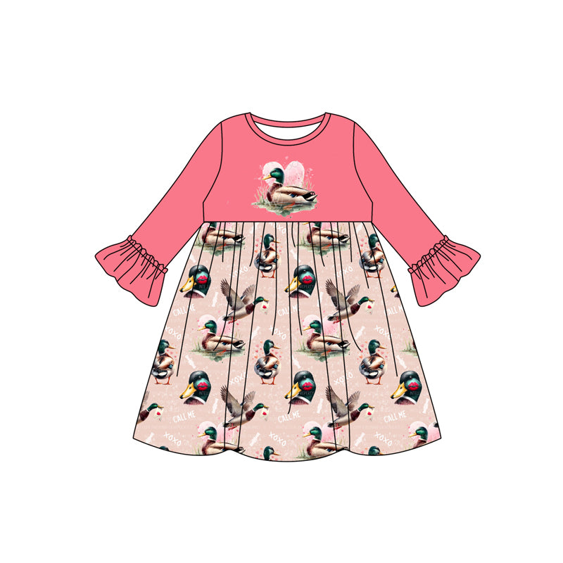 Preorder GLD0971 Valentine's Day call me heart mallard duck pink long sleeve girls dress