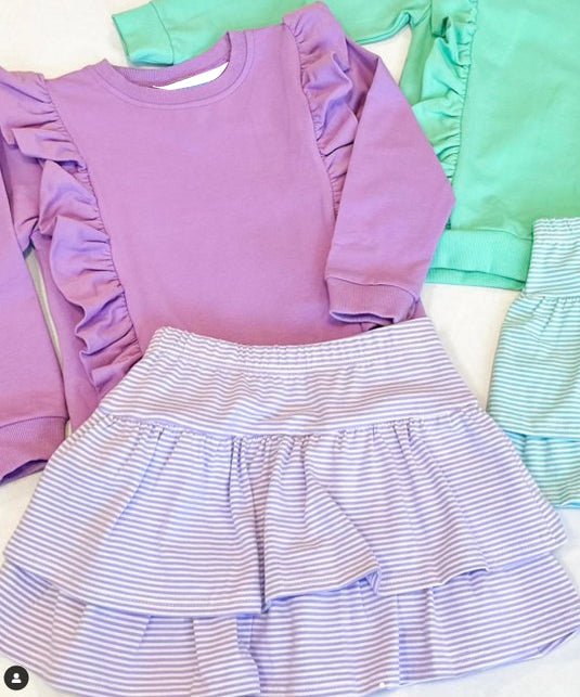 preorder GLD0974 purple ruffles long sleeve striped skirt girls set