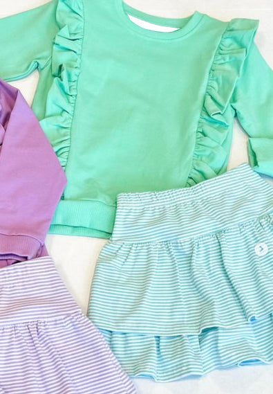 preorder GLD0975 green ruffles long sleeve striped skirt girls set
