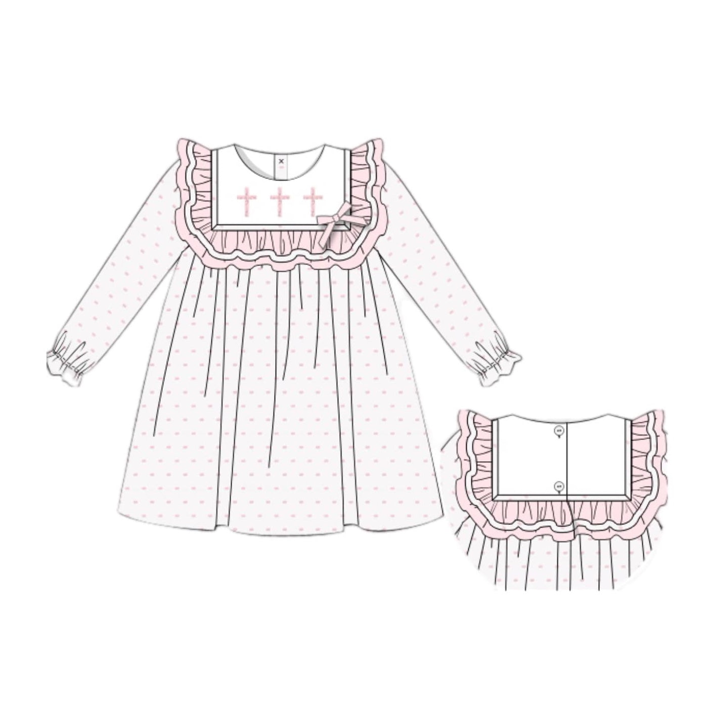 Preorder GLD0981 Easter cross pink dot ruffles long sleeve girls dress