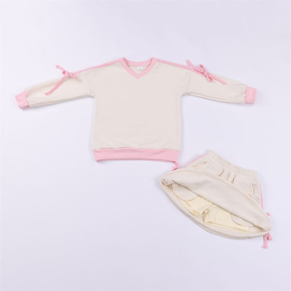 preorder GLD0996 Pink Bows Long Sleeve Skirt With Shorts Girls Set