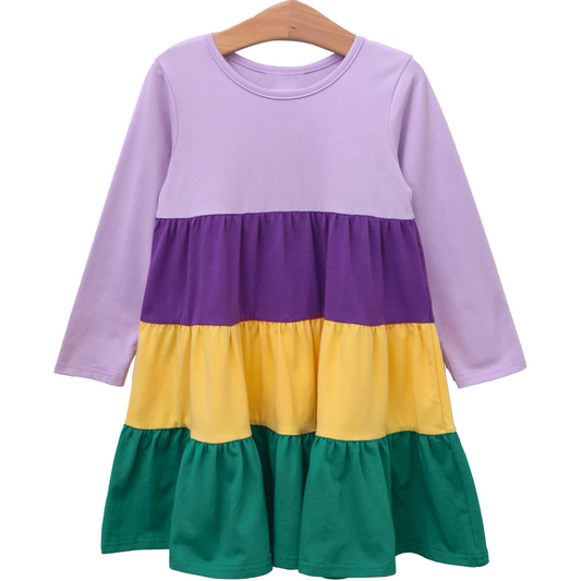 preorder GLD0997 Mardi Gras Purple Yellow Green Long Sleeve Girls Dress