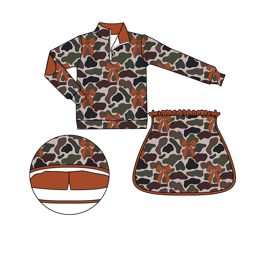 preorder GLD0998 Hunting camo brown bows zipper pullover skirt with shorts girls set