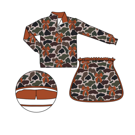 preorder GLD0998 Hunting camo brown bows zipper pullover skirt with shorts girls set