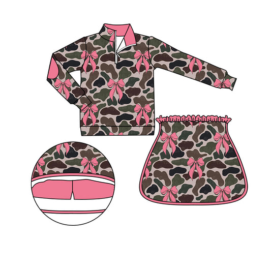 preorder GLD0999 Hunting camo pink bows zipper pullover skirt with shorts girls set
