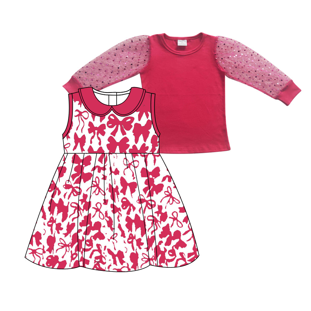 preorder GLD1000 baby girl hot pink lace long sleeve peter pan collard bows dress 2pc set