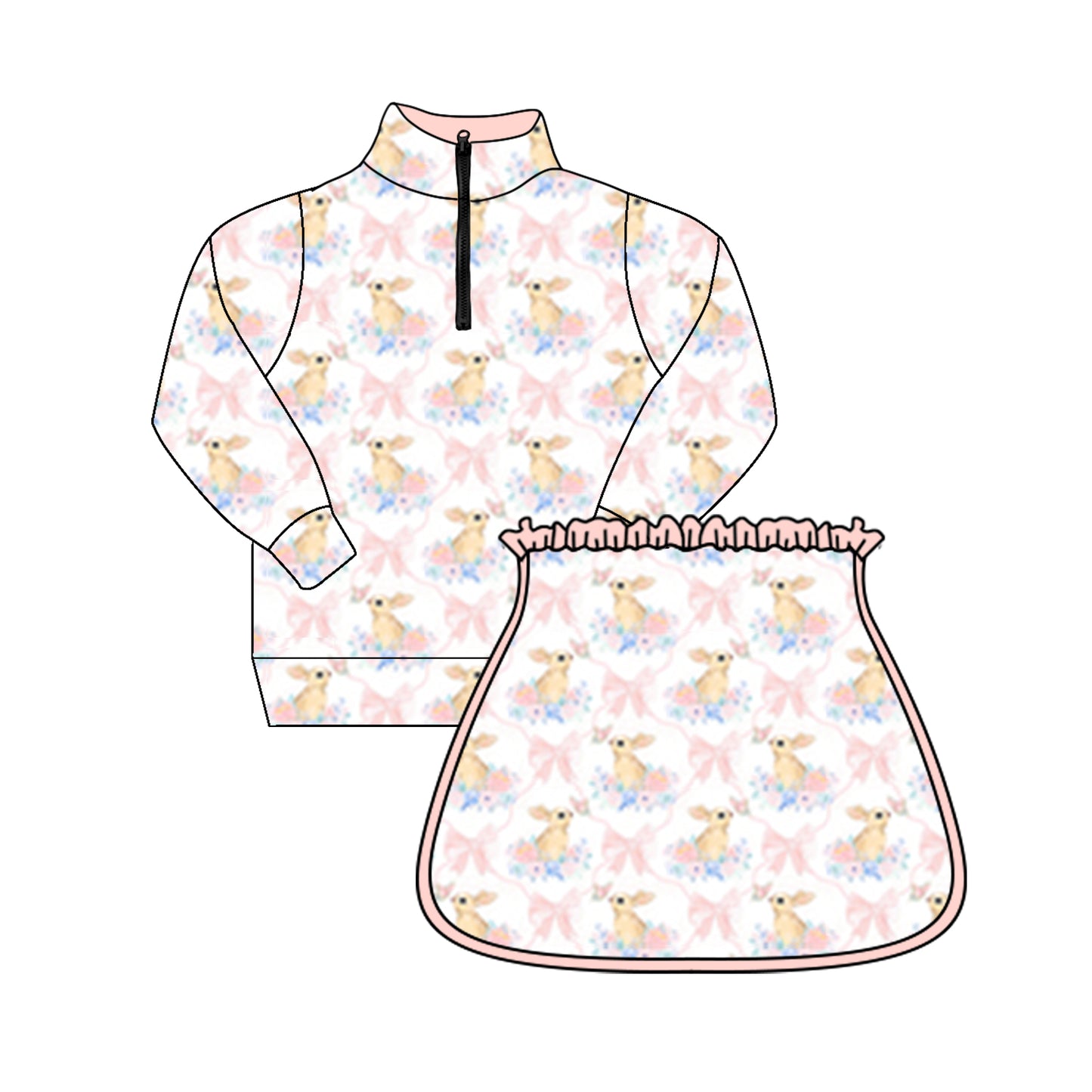 preorder GLD1003 Easter pink bows bunny rabbit zipper long sleeve skirt with shorts girls set