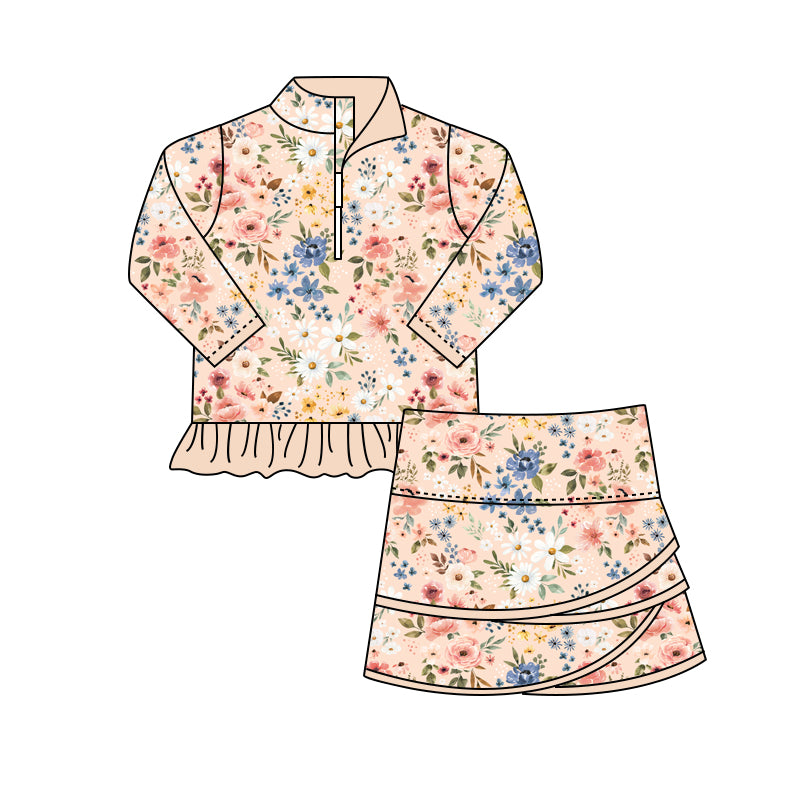 preorder GLD1007 colorful flowers light pink zipper long sleeve skirt with shorts girls set