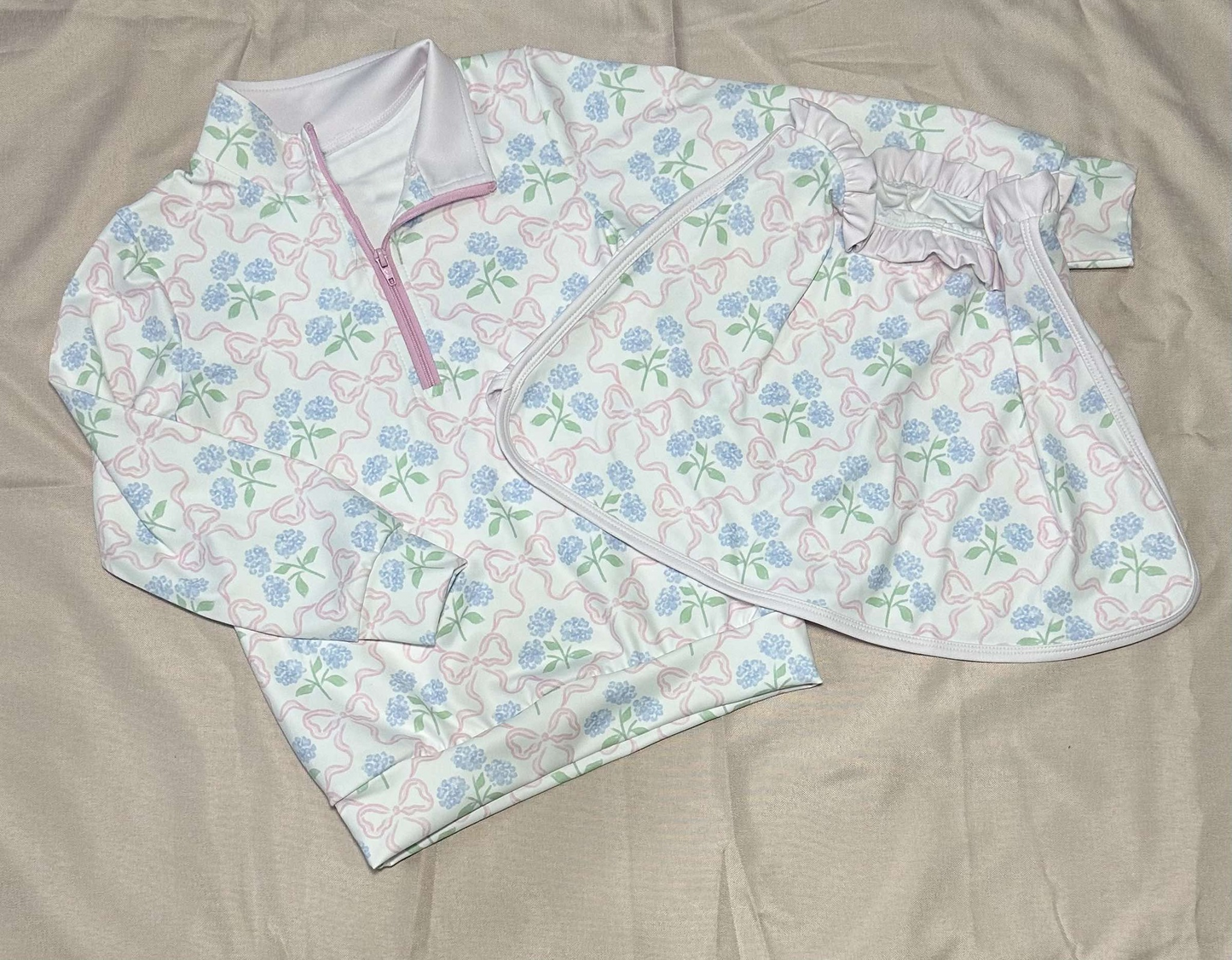 preorder GLD1012 Pink Bows Blue Flowers Zipper Long Sleeve Skirt With Shorts Girls Set