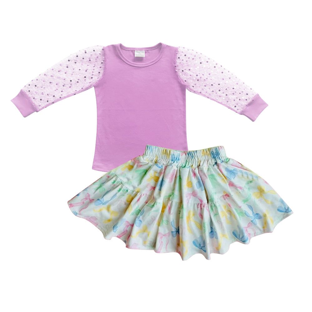 preorder GLD1019 purple long sleeve colorful bows skirt girls set