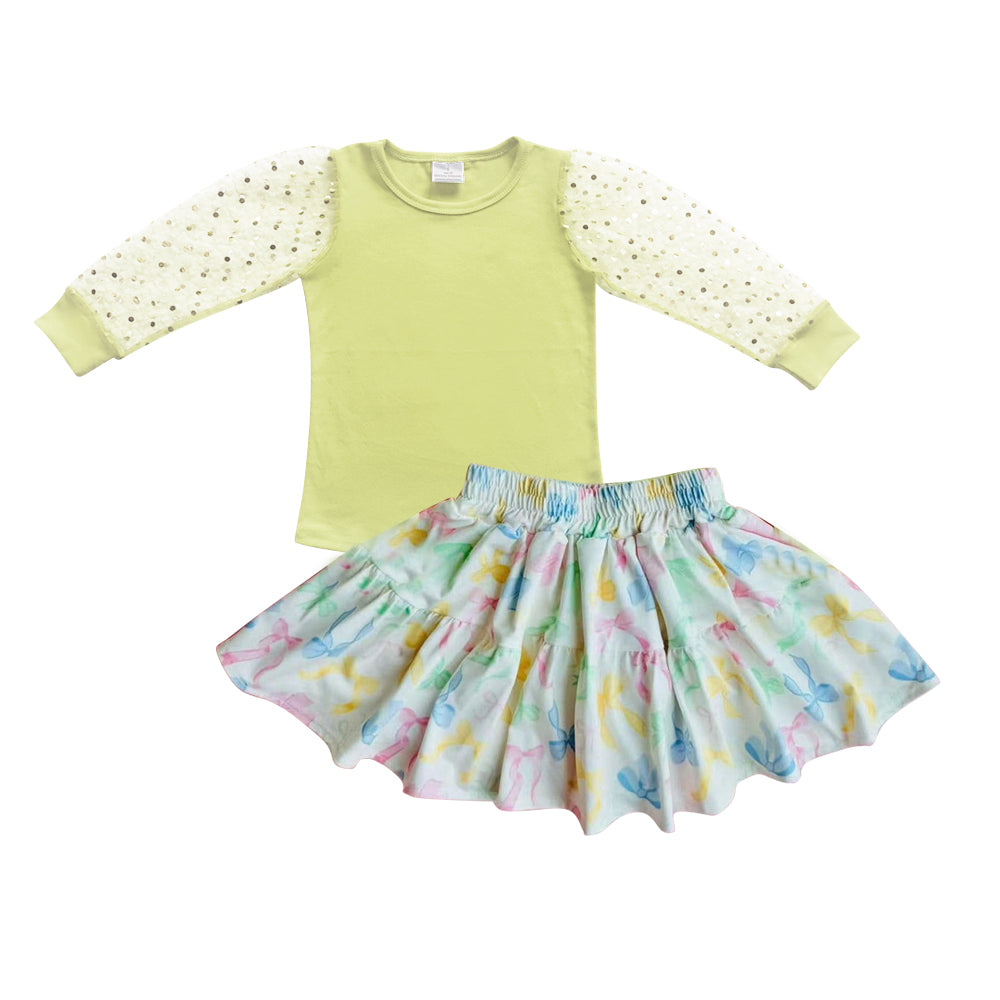 preorder GLD1020 yellow long sleeve colorful bows skirt girls set