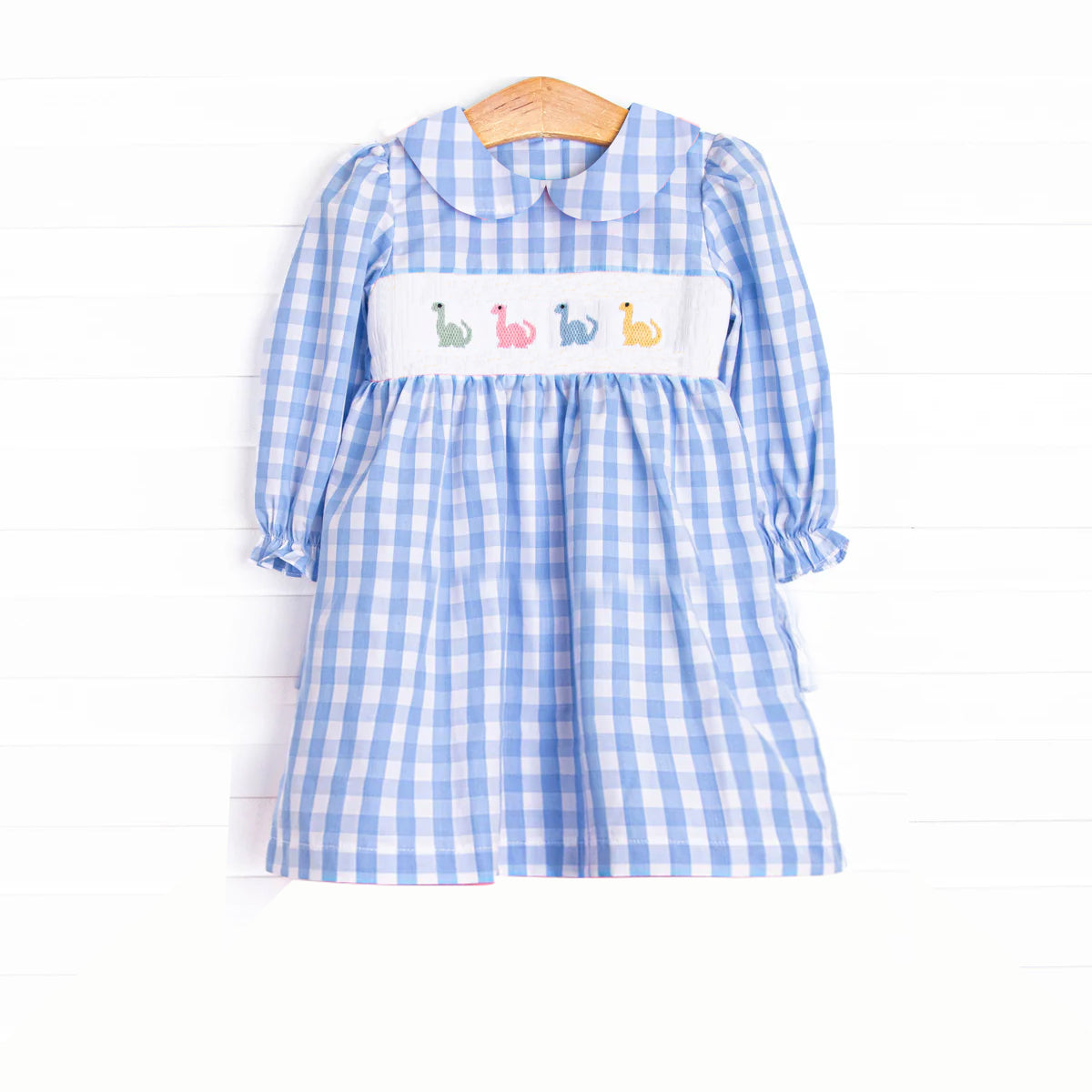 preorder GLD1021 colorful dinosaur blue checkered long sleeve girls dress