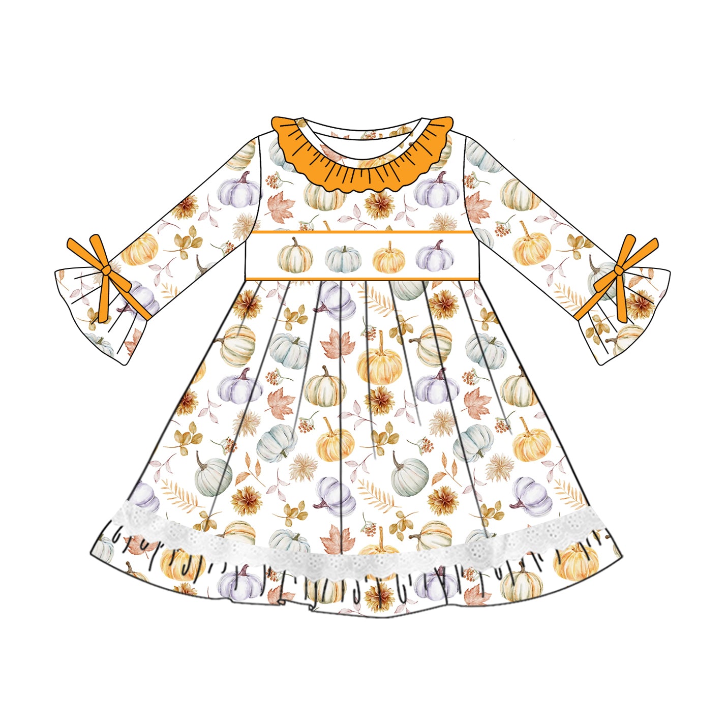 preorder GLD1038 Autumn pumpkin orange long sleeve girls dress