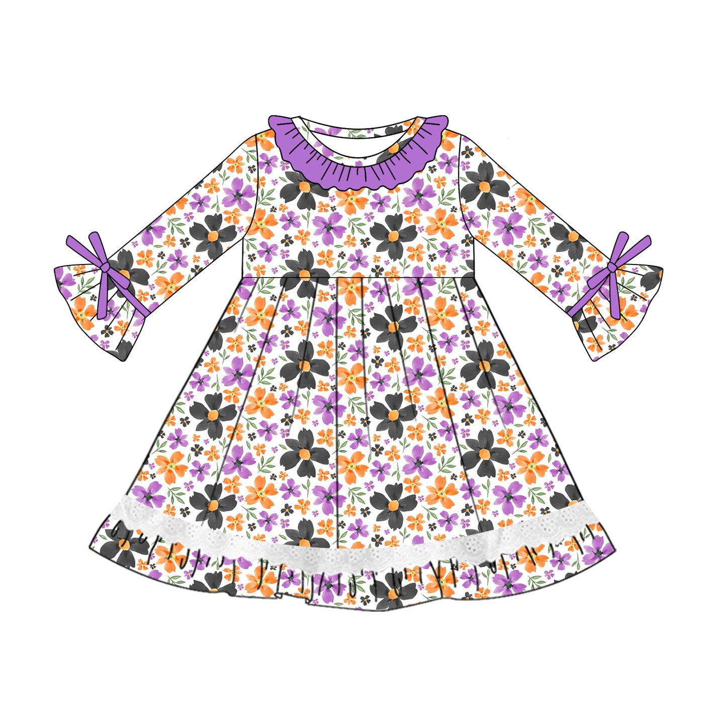 preorder GLD1039 purple/black/orange flowers long sleeve girls dress